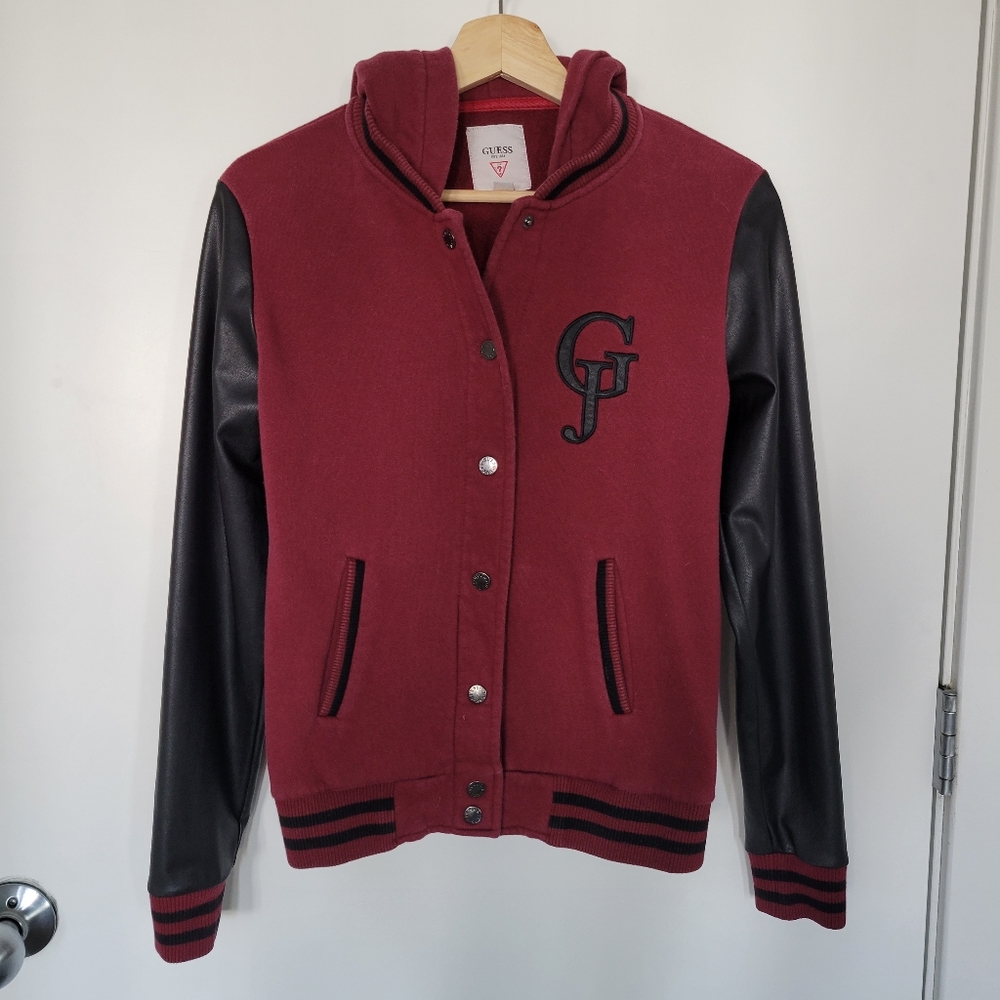 Guess Vintage Hooded Varsity Jacket Faux Leather Sleeves Burgundy